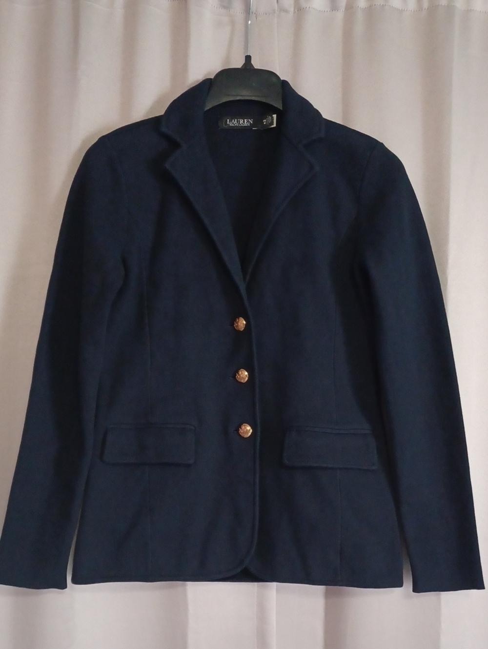 Lauren Ralph Lauren Navy Knit Sweater Blazer Jacket Gold Crest Button Sz PM